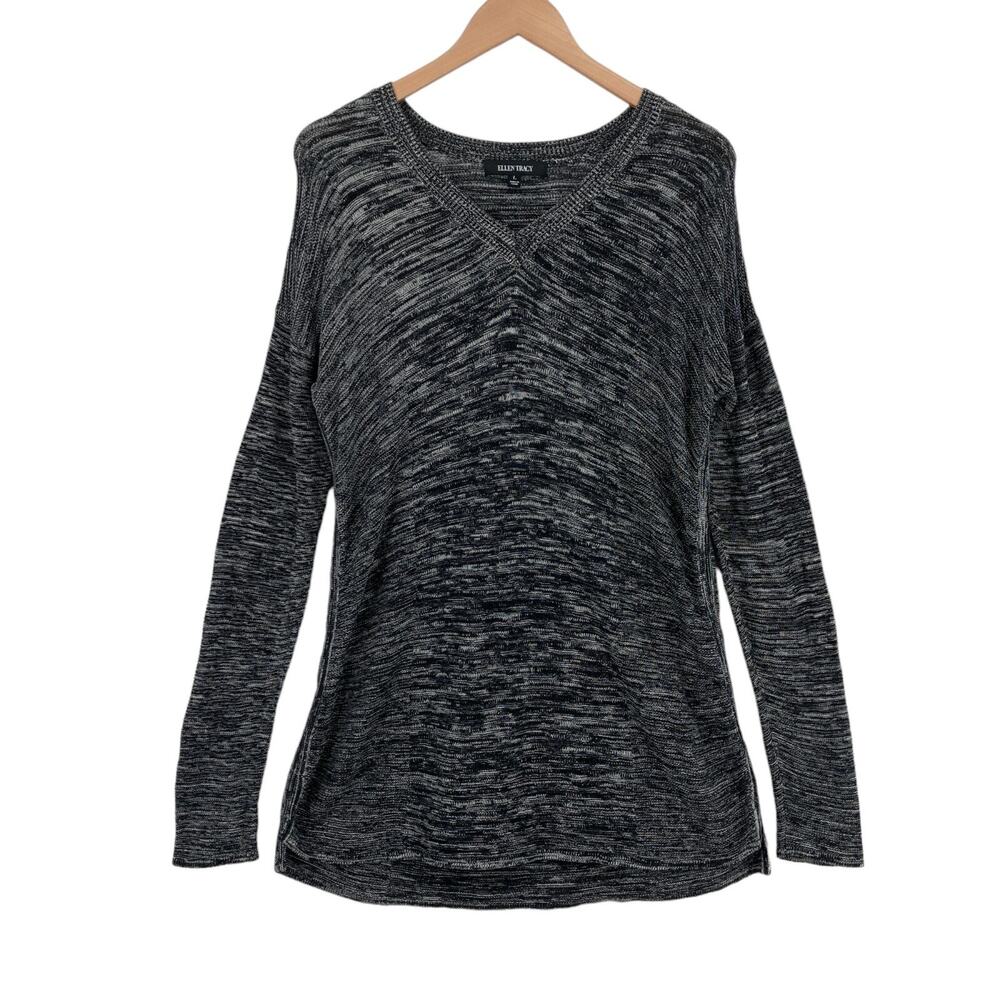 Ellen Tracy Sweater Womens Large Gray Heather Long Sleeve V Neck High Low Slit